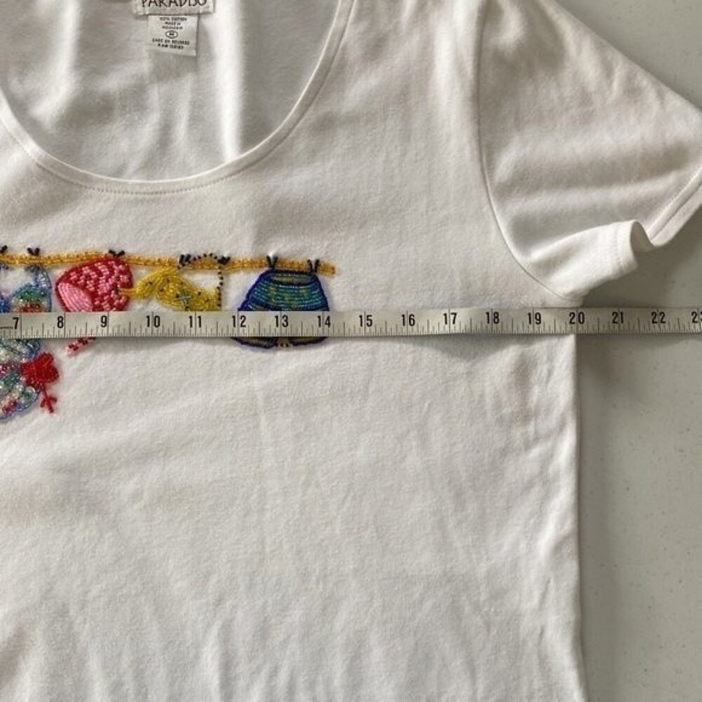 PARADISO Clothes Line Beaded Short Sleeve Cropped Tee Top Cotton Scoop Neck Cute - Picture 6 of 11